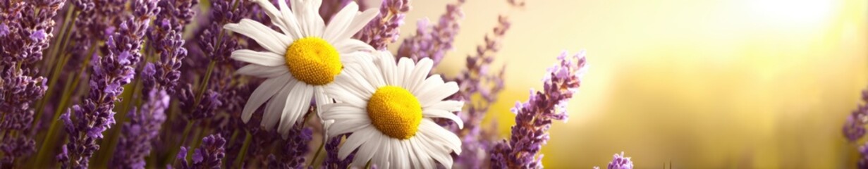 Beautiful daisy flowers blooming in a lavender field on a sunny day