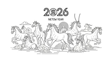 Group of horses running together in a dynamic illustration for the year 2026.