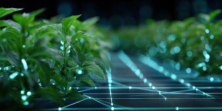 Futuristic smart farming with digital technology and green plant rows