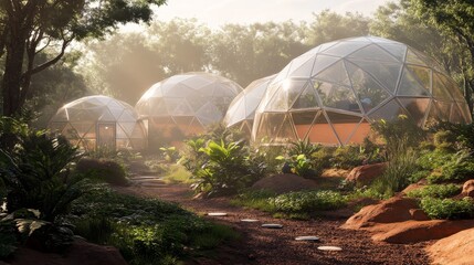 A serene landscape featuring futuristic geodesic domes nestled among lush greenery. The sun casts a warm glow on the path ahead. Nature meets innovation. Generative AI