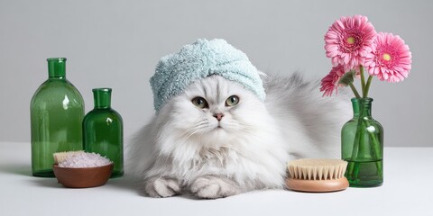 Fluffy white cat relaxing in spa setting with towel and flowers