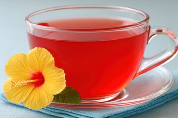 Cup of hibiscus tea with yellow flower and saucer