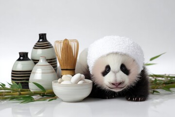 Fototapeta premium Adorable panda cub with spa set and bamboo in relaxing setting