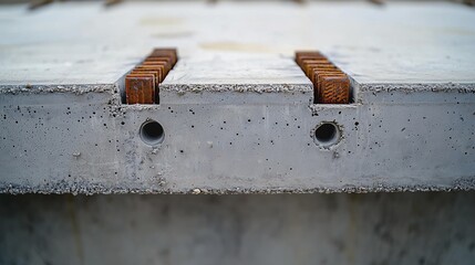 Concrete slab with wooden inserts showing details of construction and design in a workshop environment