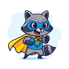 Adorable Superhero Raccoon Mascot Character with Blue Mask and Yellow Cape