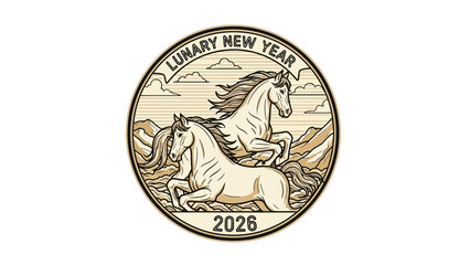Lunar New Year 2026 horse emblem with traditional design elements.