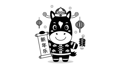Cartoon cow character with Chinese New Year decorations and scroll.