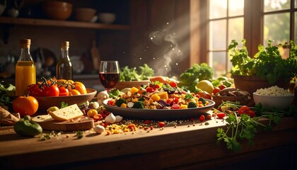 A vibrant culinary scene depicts a bountiful, steaming dish surrounded by fresh produce on a wooden countertop, bathed in sunlight