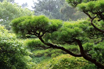 Fototapeta premium Lush green pine tree in rainy japanese garden with dense foliage