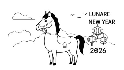 Black and white horse illustration for Lunar New Year 2026.