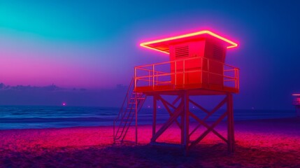 A vibrant lifeguard tower stands illuminated in neon. The beach is calm and serene. Waves gently roll in under the colorful sky. A perfect evening scene. Generative AI