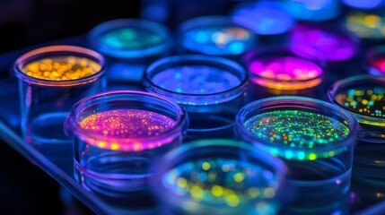 Vibrant illuminated petri dishes filled with colorful substances. A creative display rich in colors and textures. Perfect for science and art projects. Generative AI