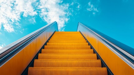 A vibrant yellow staircase leads up to a bright blue sky. This image symbolizes hope and the journey to new heights. Reach your goals with inspiration. Generative AI