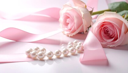 Two delicate pink roses rest on a reflective surface alongside a strand of pearls and flowing pink ribbons, creating a romantic scene