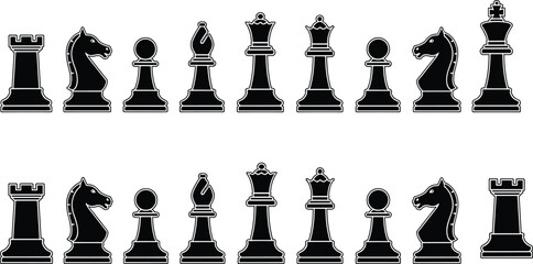 Black chess pieces, mirrored layout, strategic game, rook, knight, bishop, queen, king, symmetry, flat vector illustration, board game concept © MdRuhul