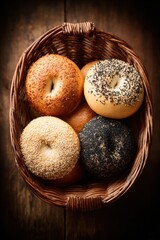 Basket of assorted fresh bagels on a wooden surface 