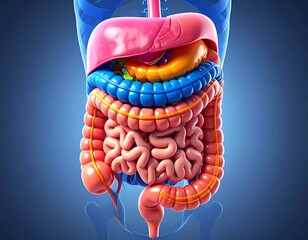 A vibrant, detailed, 3D anatomical rendering showcases the human digestive system, highlighting the organs against a blue backdrop
