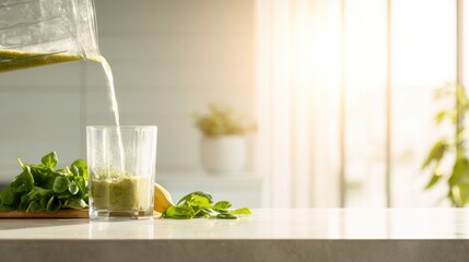 Fresh green smoothie being poured into glass on bright kitchen c