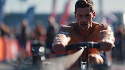 Focused athlete pushing through intense rowing challenge, determ