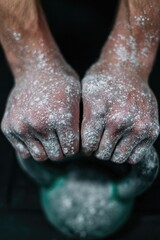 Hands gripping kettlebell with chalk, showcasing determination a