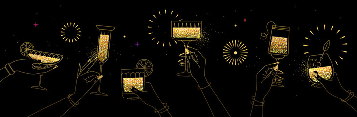 Line art hands with golden cocktails and firework. Cocktail party. Celebration toast with two cocktail glasses. Vector illustration
