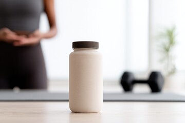 Natural supplement jar on table, emphasizing wellness and fitnes