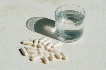 White capsules arranged beside glass of water create clean welln