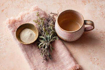 Warm cup beside powdered supplement and fresh herbs on soft fabr