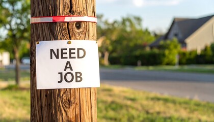 Close-up of a wooden pole with a white sign indicating need for employment. A neighborhood is visible in the background, with the sun low in the sky