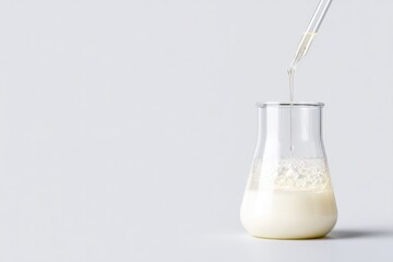 Clear glass beaker with creamy liquid being pipetted, showcasing