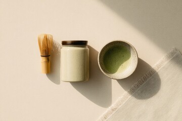 Creamy paste in jar alongside small bowl and bamboo whisk showca