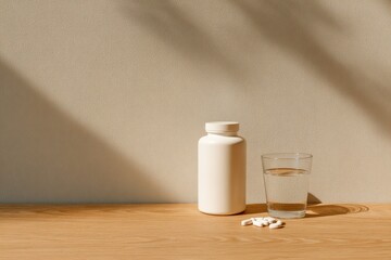 White bottle beside glass of water and capsules on wooden table,