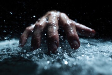 Hand reaching into icy water, creating splashes, symbolizing col