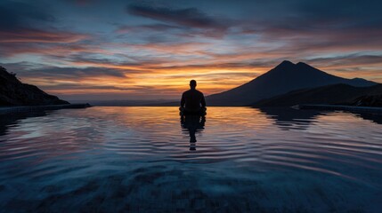 Silhouette of person immersed in tranquil waters at sunset, natu