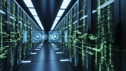 Data Center Server Room with Abstract Green Data Flow - Powered by Adobe