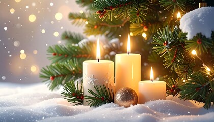 Close-up of three lit candles with a snow-covered evergreen branch and festive lights. Bokeh background