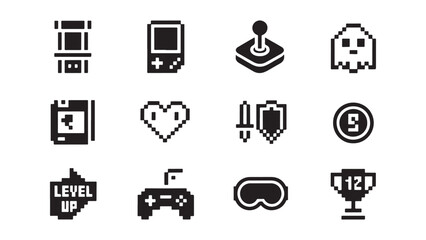 Collection of retro video game pixel art icons featuring arcade machines, joysticks, game controllers, hearts, coins, and trophies for gaming interface design and nostalgic digital projects.
