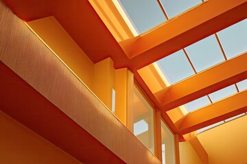 Modern architectural interior with orange ceiling, beams, and windows