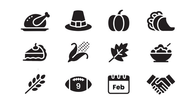Thanksgiving holiday icon collection featuring roasted turkey, pilgrim hat, pumpkin, cornucopia, pie, corn cob, autumn leaf, mashed potatoes, wheat stalk, american football, February calendar, and han