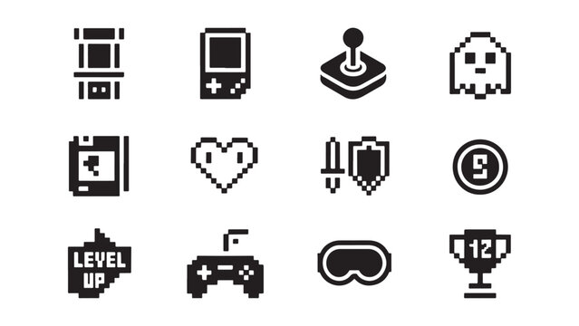 Collection of retro video game pixel art icons featuring arcade machines, joysticks, game controllers, hearts, coins, and trophies for gaming interface design and nostalgic digital projects.