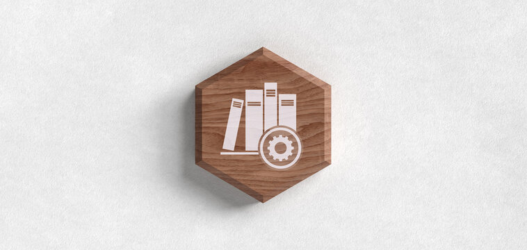 Wissensmanagement und Bildung Header Symbol auf Holz Sechseck