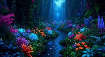 Naklejka premium Mystical Forest Path with Vibrant Flowers.