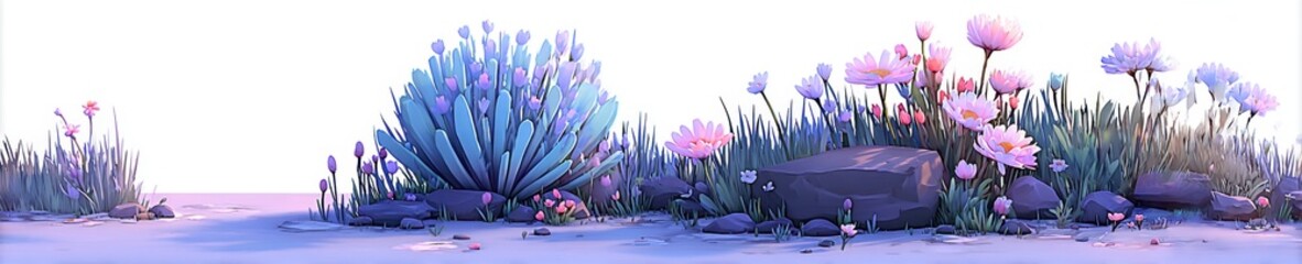 Aesthetic garden scene with pastel color flowers and bushes, dreamy spring morning landscape.