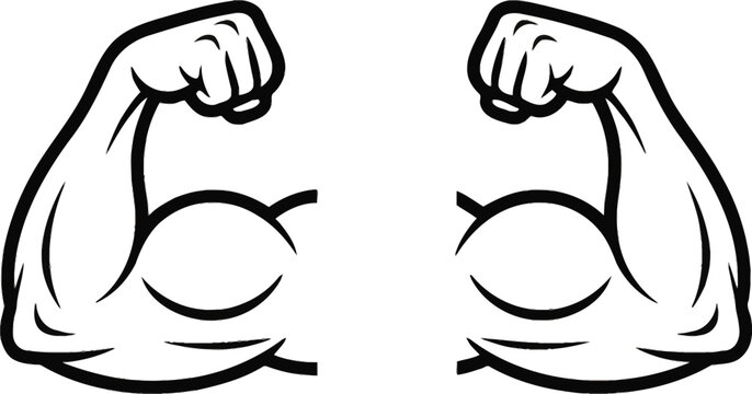 Illustration of muscular flexed arms with strong biceps and clenched fists in cartoon line art style