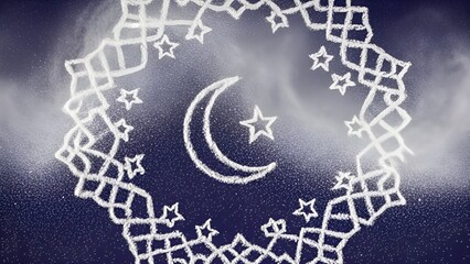 Graceful crescent moon and star symbol within an intricate geometric pattern, shimmering white on a deep blue canvas, evoking spiritual faith, devotion, and cultural festivities