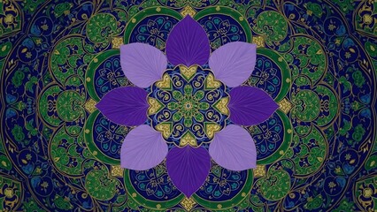Intricate Mandala Design with Floral and Leaf Motifs in Purple and Green Hues