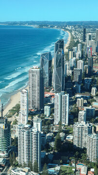 Beautiful high angle view of the Gold Coast seafront high-rise buildings