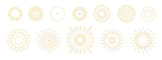 Set of holiday golden firework explosion isolated on white background. Independence Day or  New Year celebration. Traditional festival or event. Vector illustration