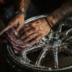 Close up of man's hands spraying rims with rim detergent and cleaning it with rag.	
