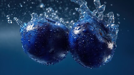 Two glossy blueberry spheres crash together, droplets suspended in arcs, studio light enhances vibrant blues and natural shine, shadows